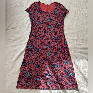 Peruvian Connection Cotton Jersey Red and Blue Floral Print Women's Dress